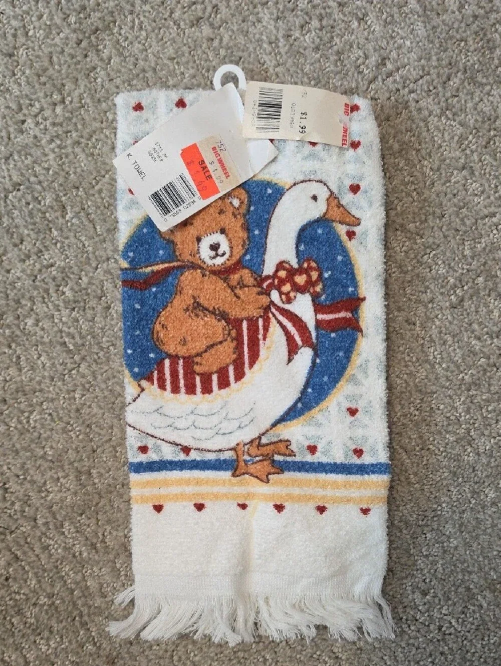 Vintage NWT Teddy Bear & Goose Decorative Kitchen Hand Towel - White, Blue, Red